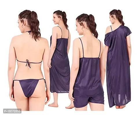 Siami Apparels Satin Nighty Set (1 Robe, 1 Nighty, 1 Top, 1 Shorts, 1 Lingerie Set) | 6 Piece Nightwear | Solid/Plain | Comfy  Stylish | Women (Free Size, Purple)-thumb5