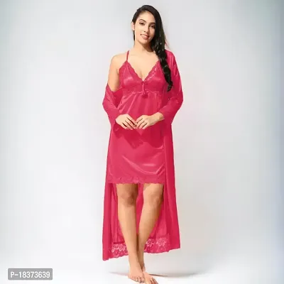 Siami Apparels Satin 2 PC Nighty/Night Wear Set with Robe | V- Neck | Solid/Plain | Attractive  Stylish | for Women, Girlfriend, Wife (X-Large, Gajri)-thumb4