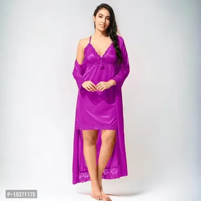 Siami Apparels Satin 2 PC Nighty/Night Wear Set with Robe | V- Neck | Solid/Plain | Attractive  Stylish | for Women, Girlfriend, Wife (Free Size, Purple)-thumb2