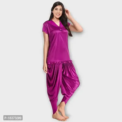 Siami Apparels Solid Satin 6 Piece Nightwear/Nighty Set | Attractive  Stylish | (1 Robe, 1 Nighty, 1 Top, 1 Patiala, 1 bra and panty set) for Women (Free Size, Purple)-thumb4