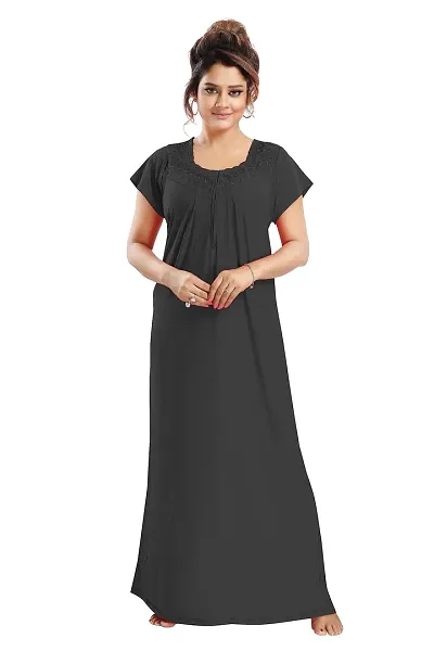 Siami Apparels Plain Nighty | Embroidered Nightgown/Maxi with Front Zip | Viscose Sleepwear/Nightwear for Women, Wife, Girlfriend (XL, Black)