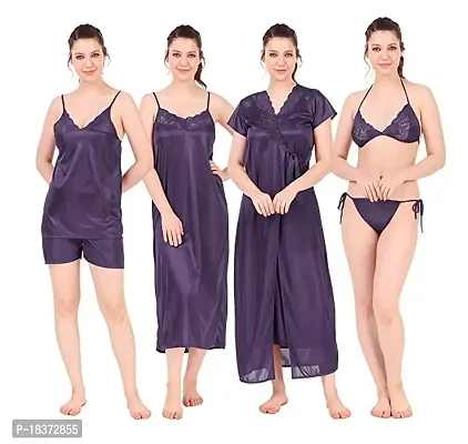 Siami Apparels Satin Nighty Set (1 Robe, 1 Nighty, 1 Top, 1 Shorts, 1 Lingerie Set) | 6 Piece Nightwear | Solid/Plain | Comfy  Stylish | Women (Free Size, Purple)-thumb0