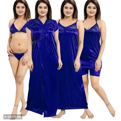 Siami Apparels Solid Satin 6 Piece Nightwear Set (1 Robe, 1 Nighty, 1 Top, 1 Shorts, 1 Lingerie Set) for Women | Comfy  Stylish (Free Size, Navy)