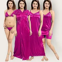 Siami Apparels Solid Satin 6 Piece Nightwear Set (1 Robe, 1 Nighty, 1 Top, 1 Shorts, 1 Lingerie Set) for Women | Comfy  Stylish (Free Size, Rani)-thumb2