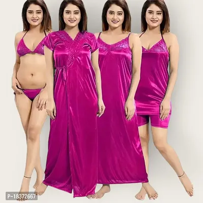 Siami Apparels Solid Satin 6 Piece Nightwear Set (1 Robe, 1 Nighty, 1 Top, 1 Shorts, 1 Lingerie Set) for Women | Comfy  Stylish (Free Size, Rani)-thumb3