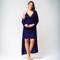 Siami Apparels Satin 2 PC Nighty/Night Wear Set with Robe | V- Neck | Solid/Plain | Attractive  Stylish | for Women, Girlfriend, Wife (Free Size, Navy)-thumb3