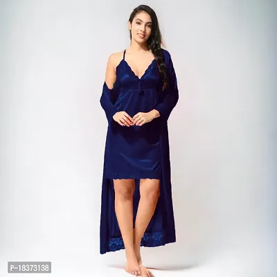 Siami Apparels Satin 2 PC Nighty/Night Wear Set with Robe | V- Neck | Solid/Plain | Attractive  Stylish | for Women, Girlfriend, Wife (Free Size, Navy)-thumb4
