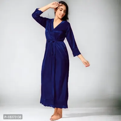 Siami Apparels Satin 2 PC Nighty/Night Wear Set with Robe | V- Neck | Solid/Plain | Attractive  Stylish | for Women, Girlfriend, Wife (Free Size, Navy)-thumb2