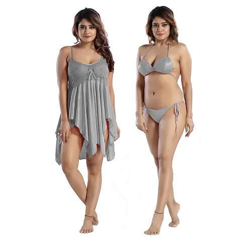 Siami Apparels Satin Short Nighty With lingirie Set (1 nighty, 1 bra a panty) | Attractive Stylish Night Wear | Comfy Plain | For Women, Wife, Girlfriend (Mehroon, Free Size)