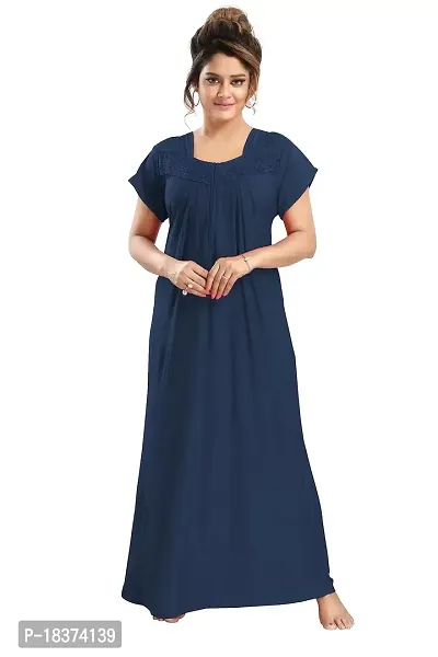 Siami Apparels Solid Maxi Nighty | Embroidered Casual  Regular Nightwear | Comfy Sleepwear | Cotton Nightgown for Women/Mother/Girlfriend/Wife (XL, Navy)