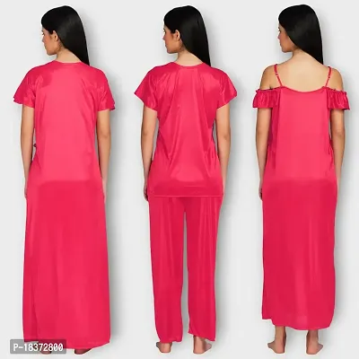 Siami Apparels Solid Satin 4 Piece Nightwear Set (1 Robe, 1 Nighty, 1 Top, 1 Pyjama) for Women | Attractive  Stylish (Free Size, Gajri)-thumb4