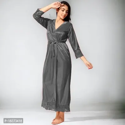 Siami Apparels Satin 2 PC Nighty/Night Wear Set with Robe | V- Neck | Solid/Plain | Attractive  Stylish | for Women, Girlfriend, Wife (X-Large, Grey)-thumb2