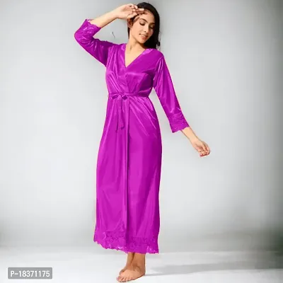 Siami Apparels Satin 2 PC Nighty/Night Wear Set with Robe | V- Neck | Solid/Plain | Attractive  Stylish | for Women, Girlfriend, Wife (Free Size, Purple)-thumb3