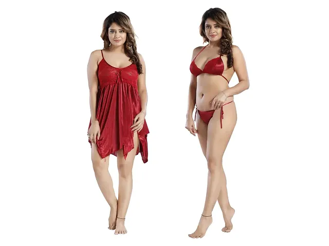 Siami Apparels Satin Short Nighty With lingirie Set (1 nighty, 1 bra a panty) | Attractive Stylish Night Wear | Comfy Plain | For Women, Wife, Girlfriend (Mehroon, Free Size)