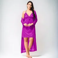 Siami Apparels Satin 2 PC Nighty/Night Wear Set with Robe | V- Neck | Solid/Plain | Attractive  Stylish | for Women, Girlfriend, Wife (X-Large, Purple)-thumb2