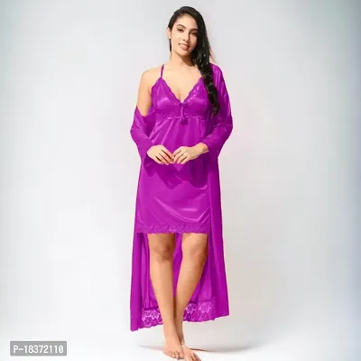 Siami Apparels Satin 2 PC Nighty/Night Wear Set with Robe | V- Neck | Solid/Plain | Attractive  Stylish | for Women, Girlfriend, Wife (X-Large, Purple)-thumb3