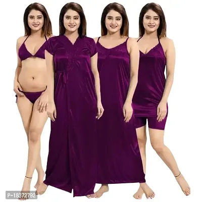 Siami Apparels Solid Satin 6 Piece Nightwear Set (1 Robe, 1 Nighty, 1 Top, 1 Shorts, 1 Lingerie Set) for Women | Comfy  Stylish (Free Size, Purple)