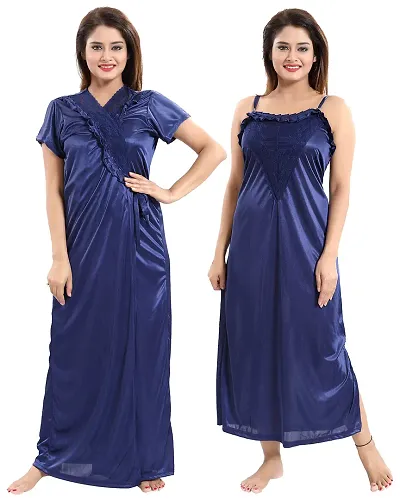 Satin Solid Night Gown With Robe Combo For Women