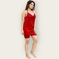 Siami Apparels Solid Satin 6 Piece Nightwear Set (1 Robe, 1 Nighty, 1 Top, 1 Shorts, 1 Lingerie Set) for Women | Comfy  Stylish (Free Size, RED)-thumb1