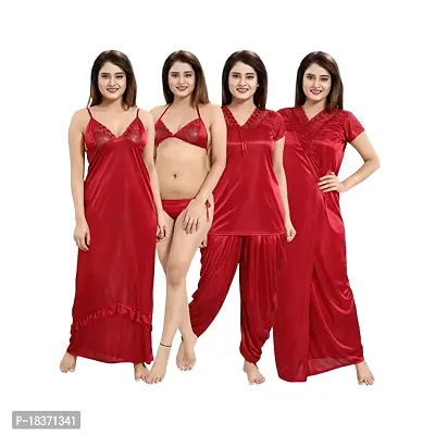 Siami Apparels Solid Satin 6 Piece Nightwear/Nighty Set (1 Robe, 1 Nighty, 1 Top, 1 Patiyala, 1 Lingerie Set) for Women