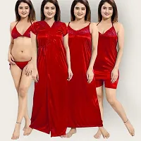 Siami Apparels Solid Satin 6 Piece Nightwear Set (1 Robe, 1 Nighty, 1 Top, 1 Shorts, 1 Lingerie Set) for Women | Comfy  Stylish (Free Size, RED)-thumb3