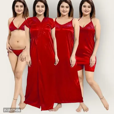 Siami Apparels Solid Satin 6 Piece Nightwear Set (1 Robe, 1 Nighty, 1 Top, 1 Shorts, 1 Lingerie Set) for Women | Comfy  Stylish (Free Size, RED)-thumb4