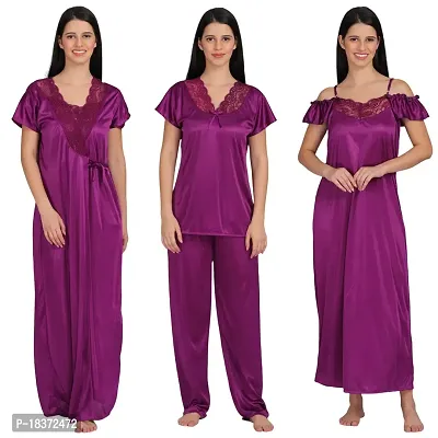Siami Apparels Solid Satin 4 Piece Nightwear Set (1 Robe, 1 Nighty, 1 Top, 1 Pyjama) for Women | Attractive  Stylish (Free Size, Purple)