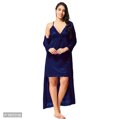 Siami Apparels Satin 2 PC Nighty/Night Wear Set with Robe | V- Neck | Solid/Plain | Attractive  Stylish | for Women, Girlfriend, Wife (Free Size, Navy)-thumb0