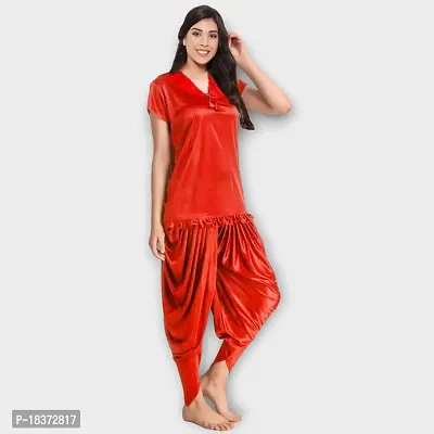 Siami Apparels Solid Satin 6 Piece Nightwear/Nighty Set | Attractive  Stylish | (1 Robe, 1 Nighty, 1 Top, 1 Patiala, 1 bra and panty set) for Women (Free Size, Red)-thumb5