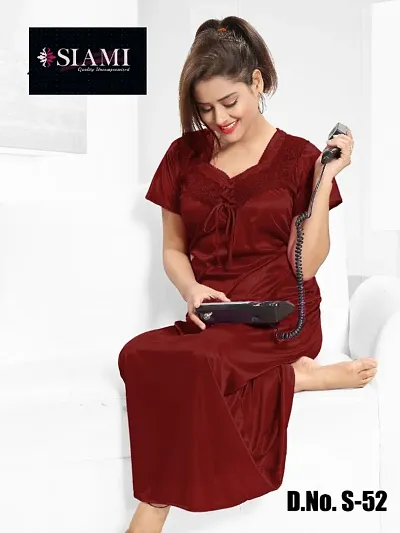 Siami Solid Satin Lace Elegance Nighty