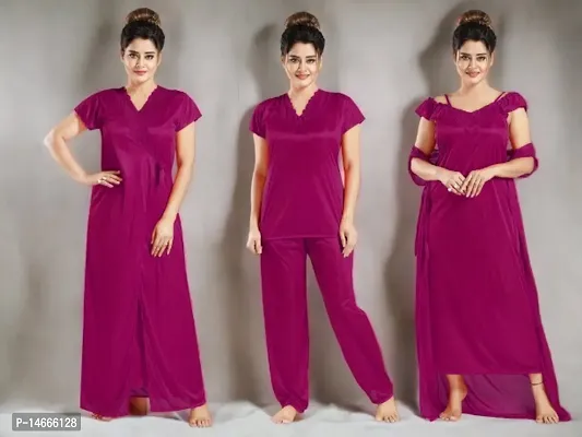 Siami Apparels Womens Satin Nightwear Nightgown/Nighty/Nightsuit Pack of 4 Set.-thumb0