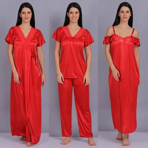 Siami Apparels Solid Satin 4 Piece Nightwear Set (1 Robe, 1 Nighty, 1 Top, 1 Pyjama) for Women | Attractive Stylish (Free Size, RED)