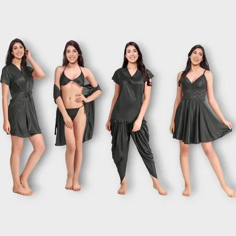 Siami Apparels Solid Satin Piece Nightwear/Nighty Set | Attractive Stylish | (1 Robe, 1 Nighty, 1 Top, 1 Patiala, 1 bra and panty set) for Women (Free Size, Navy)