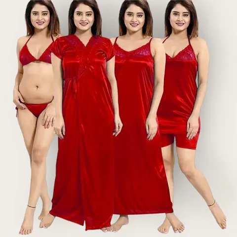 Stylish Satin Solid Nighty With Robe Top Shorts And Lingerie For Women And Girls/Nighty For Women Combo