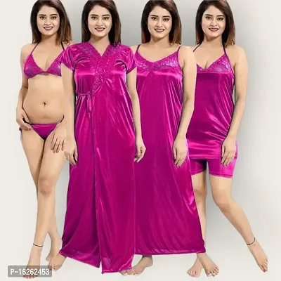 Stylish Pink Satin Nighty For Women-thumb0