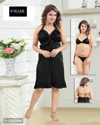 Siami Solid Short Nighty Honeymoon Babydoll Nighty For Women With Bra and Panty