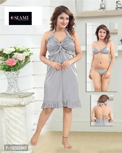 Siami Solid Short Nighty Honeymoon Babydoll Nighty For Women With Bra and Panty