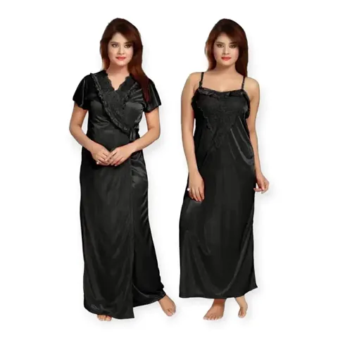 Siami Apparels Solid Satin Nighty with Robe | Stylist Comfy (2 PC Nighty Set) (Free Size, Black)