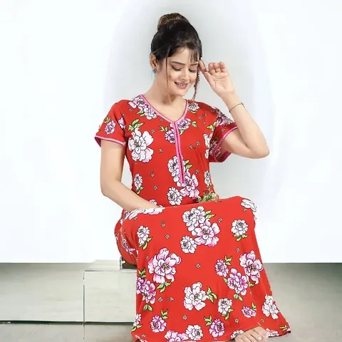 Siami Viscose Nighty Wear | Nightwear | Stylish, Attractive Fancy | Floral Print | Short-Sleeves (Free Size, Red)