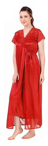 Beautiful Red Satin Solid Nightwear For Women-thumb1