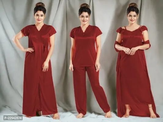 Siami Apparels Solid Satin 4 Piece Nightwear Set (1 Robe, 1 Nighty, 1 Top, 1 Pyjama) for Women | Attractive  Stylish