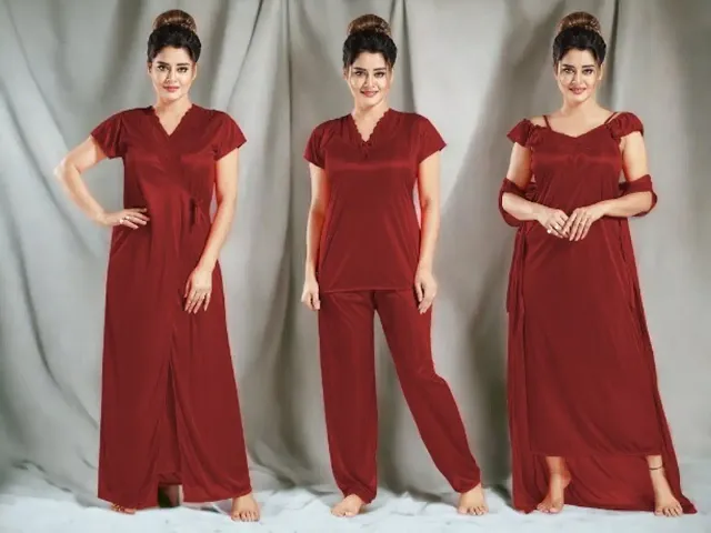 Siami Apparels Womens Satin Nightwear Nightgown/Nighty/Nightsuit Pack of 4 Set.