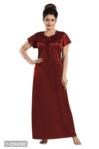 Siami Quality Womens Satin Full-Length Nighty with Lace /Sleep Wear/Night Gown, Free Size-thumb0