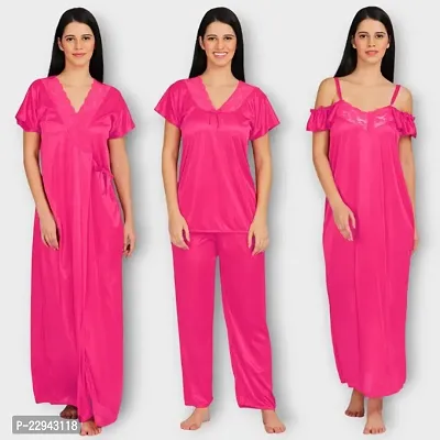 Siami Apparels Solid Satin 4 Piece Nightwear Set (1 Robe, 1 Nighty, 1 Top, 1 Pyjama) for Women | Attractive  Stylish (Free Size, rani))-thumb0