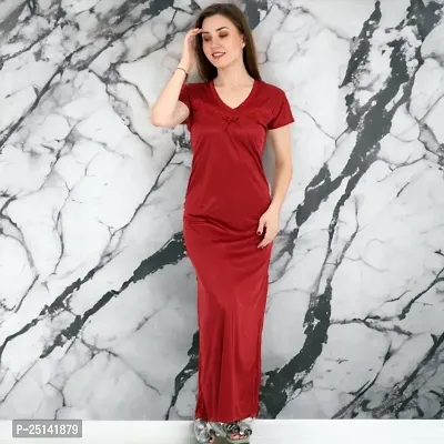 Siami Apparels Solid Satin Nighty | Lace Work Neck Design Nightgown | Regular Nightwear/Maxi for Women/Mother/Wife/Girlfriend-thumb0