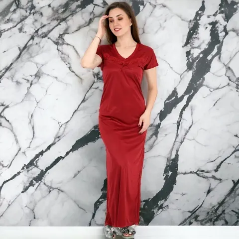 Siami Apparels Solid Satin Nighty | Lace Work Neck Design Nightgown | Regular Nightwear/Maxi for Women/Mother/Wife/Girlfriend