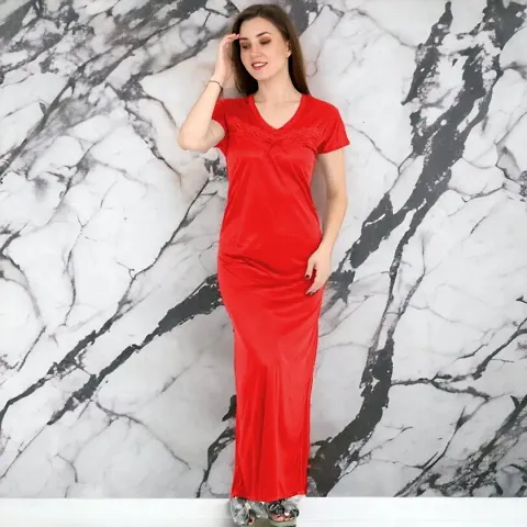Siami Apparels Solid Satin Nighty | Lace Work Neck Design Nightgown | Regular Nightwear/Maxi for Women/Mother/Wife/Girlfriend