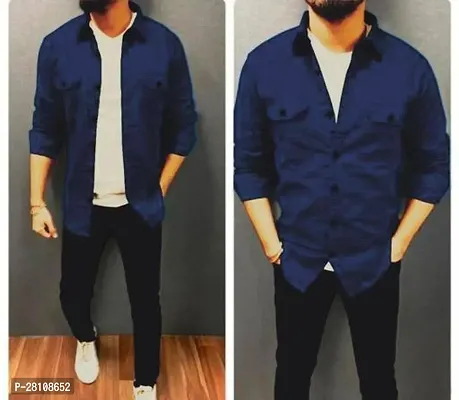 Stylish Blue Cotton Long Sleeves Casual Shirt For Men-thumb0