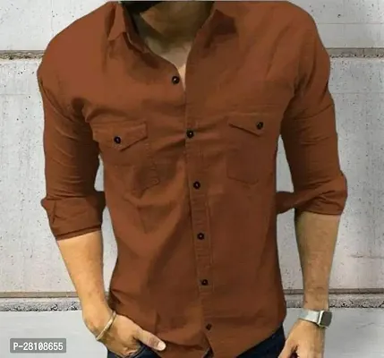 Stylish Brown Cotton Long Sleeves Casual Shirt For Men-thumb0