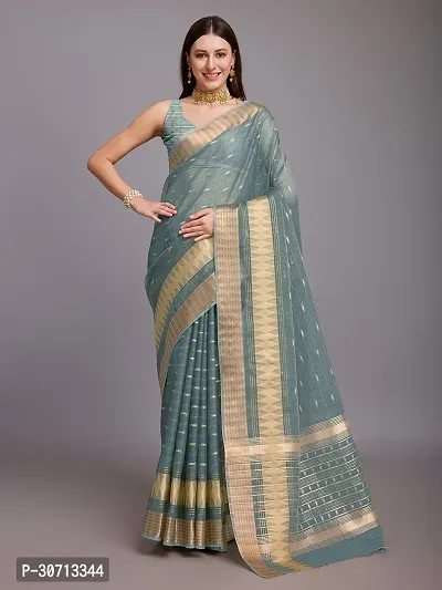 Stylish Green Khadi Cotton Zari Saree with Blouse piece For Women-thumb0